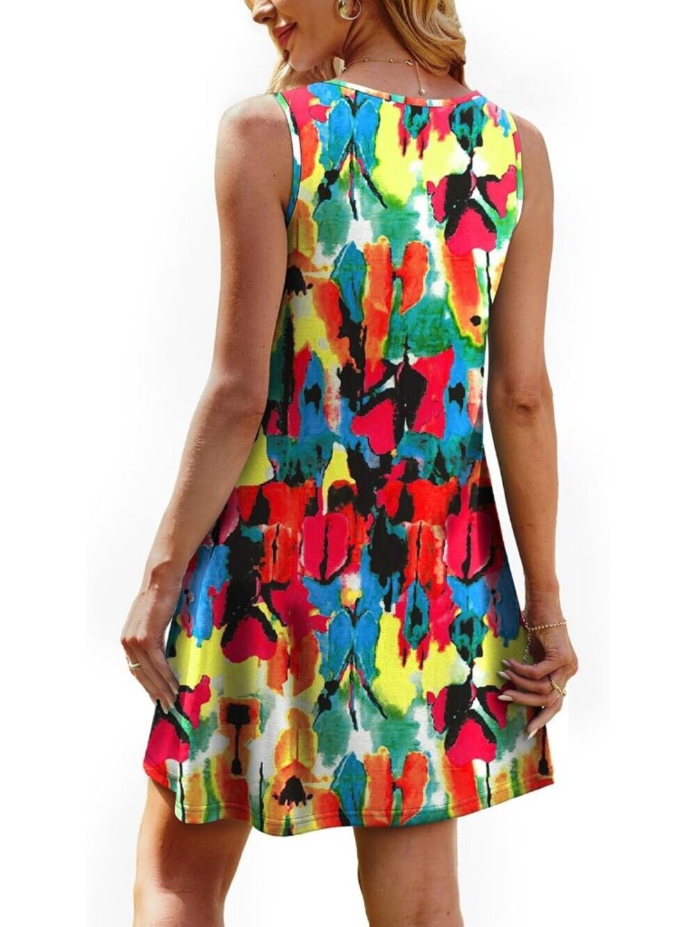 Women's Floral Red Beach Vacation Casual Crew Neck Sleeveless Sun Mini Dress - Picture 5 of 5